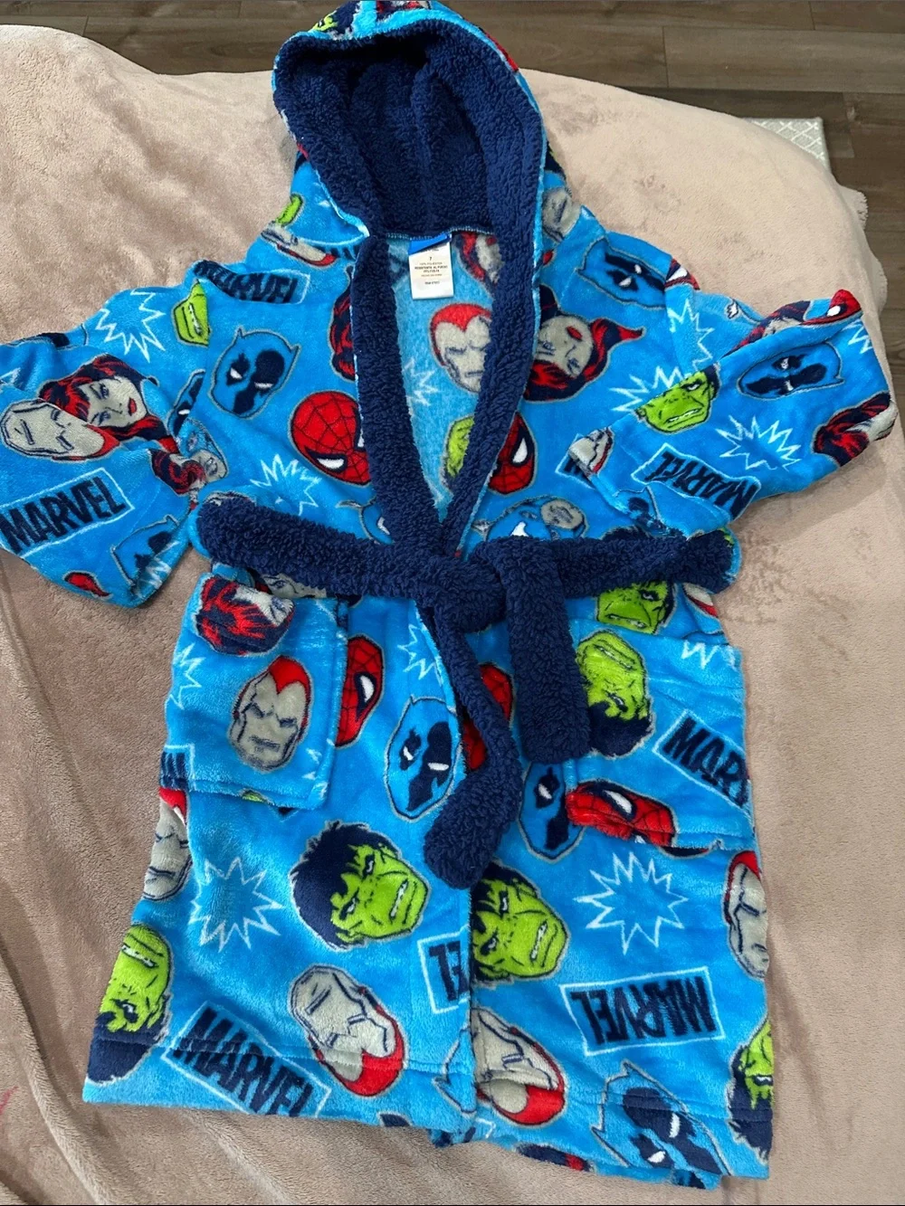 Marvel Blue Hooded Kids Robe with Superhero Faces- Youth 7